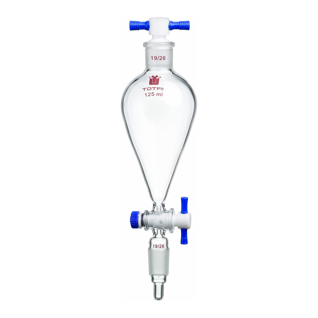 Merck Synthware Squibb-style separatory funnel with standard taper joints, PTFE stopcock and PTFE stopper