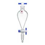 Merck Synthware Squibb-style separatory funnel with standard taper joints, PTFE stopcock and PTFE stopper