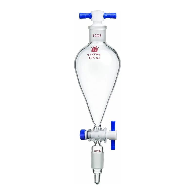 Merck Synthware Squibb-style separatory funnel with standard taper joints, PTFE stopcock and PTFE stopper