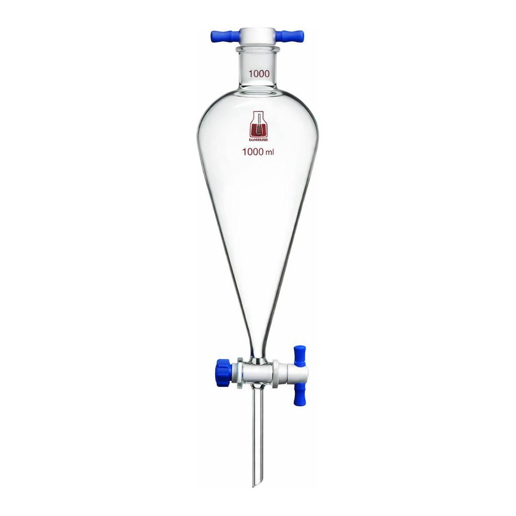 Merck Synthware Squibb-style separatory funnel with PTFE stopcock and PTFE stopper