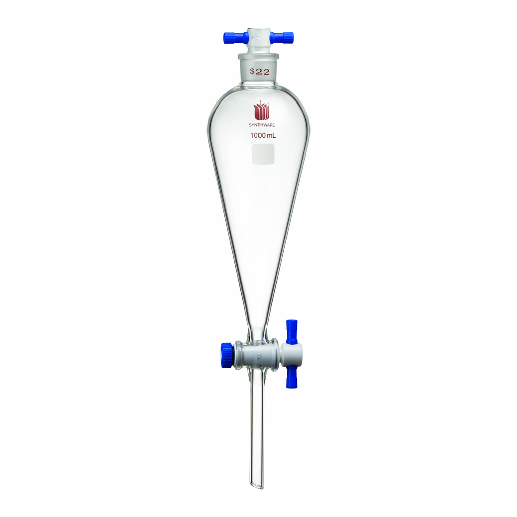 Merck Synthware Squibb-style separatory funnel with PTFE stopcock and PTFE stopper