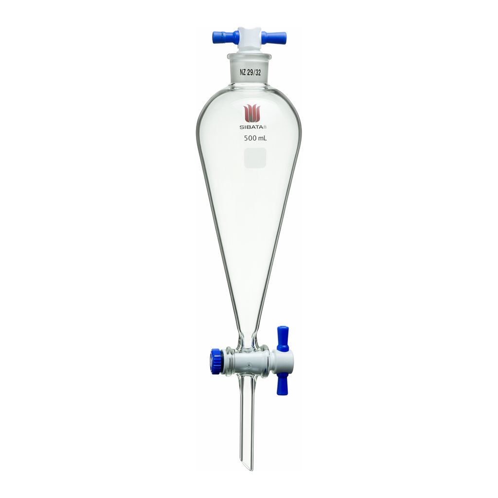 Merck Synthware Squibb-style separatory funnel with PTFE stopcock and PTFE stopper