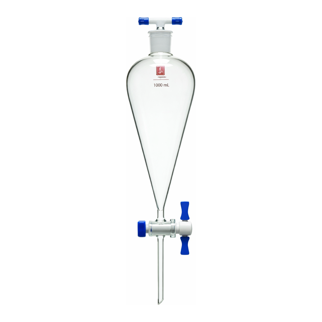 Merck Synthware Squibb-style separatory funnel with PTFE stopcock and PTFE stopper