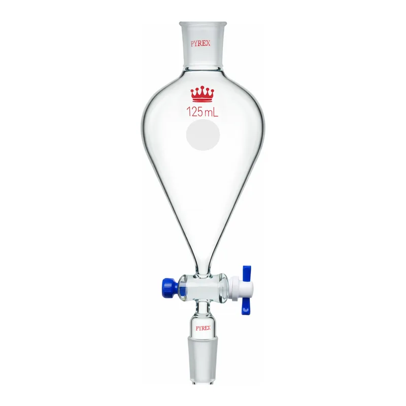 Merck Synthware Squibb-style separatory funnel with standard taper joints, PTFE stopcock and PTFE stopper