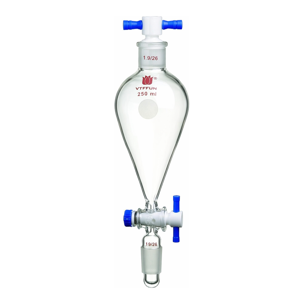 Merck Synthware Squibb-style separatory funnel with standard taper joints, PTFE stopcock and PTFE stopper