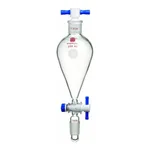 Merck Synthware Squibb-style separatory funnel with standard taper joints, PTFE stopcock and PTFE stopper