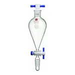 Merck Synthware Squibb-style separatory funnel with standard taper joints, PTFE stopcock and PTFE stopper