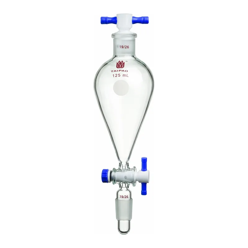 Merck Synthware Squibb-style separatory funnel with standard taper joints, PTFE stopcock and PTFE stopper