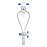 Merck Synthware Squibb-style separatory funnel with standard taper joints, PTFE stopcock and PTFE stopper