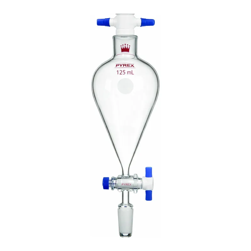 Merck Synthware Squibb-style separatory funnel with standard taper joints, PTFE stopcock and PTFE stopper