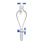 Merck Synthware Squibb-style separatory funnel with standard taper joints, PTFE stopcock and PTFE stopper