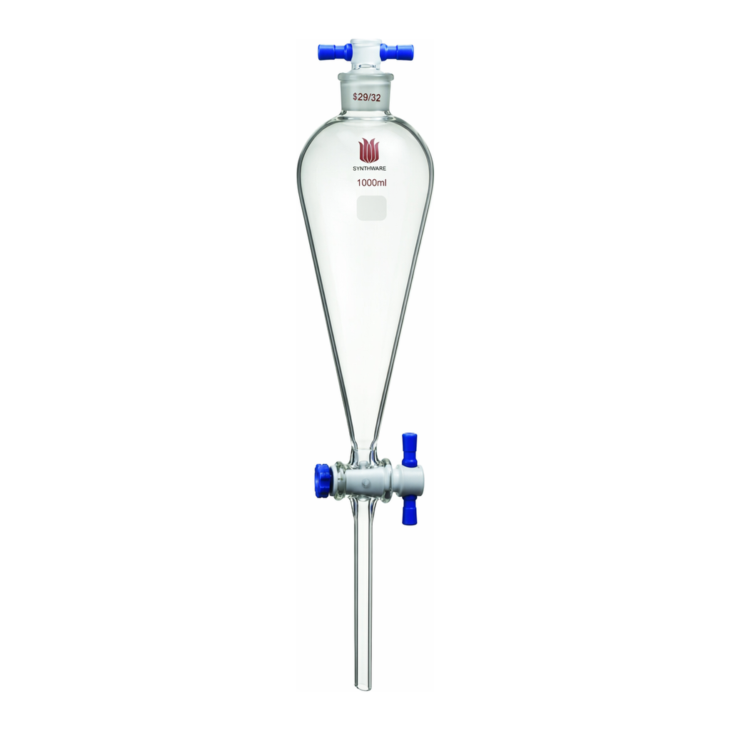 Merck Synthware Squibb-style separatory funnel with PTFE stopcock and PTFE stopper