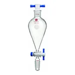 Merck Synthware Squibb-style separatory funnel with standard taper joints, PTFE stopcock and PTFE stopper