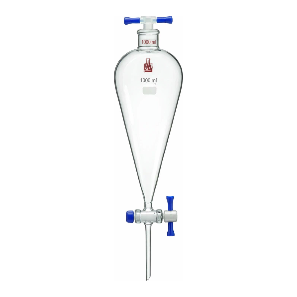 Merck Synthware Squibb-style separatory funnel with PTFE stopcock and PTFE stopper