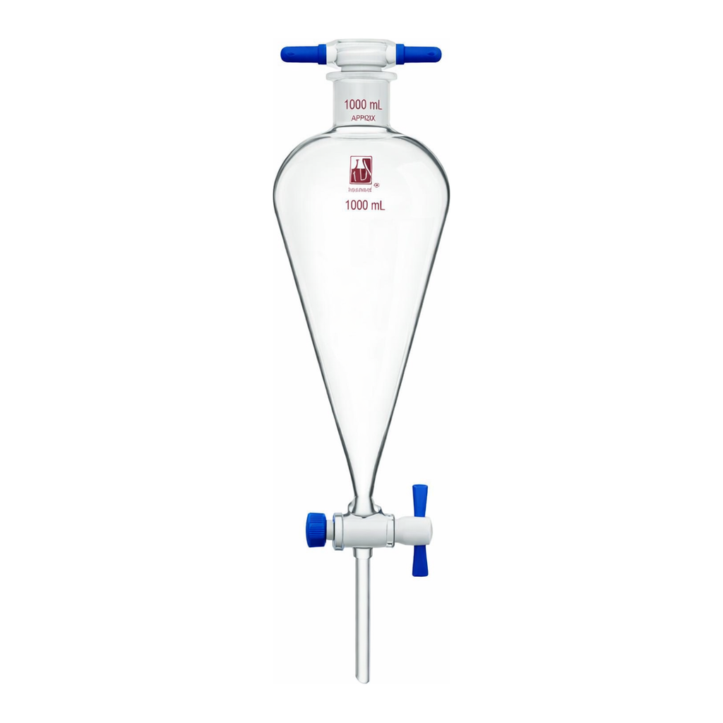 Merck Synthware Squibb-style separatory funnel with PTFE stopcock and PTFE stopper