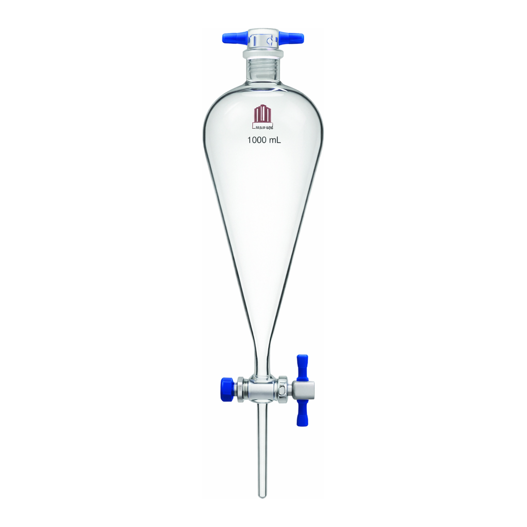 Merck Synthware Squibb-style separatory funnel with PTFE stopcock and PTFE stopper