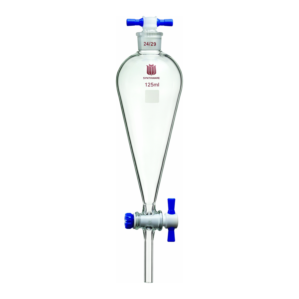 Merck Synthware Squibb-style separatory funnel with PTFE stopcock and PTFE stopper