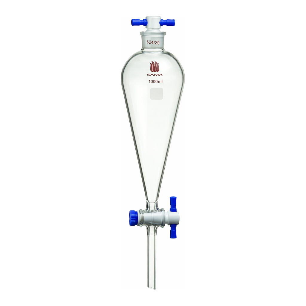 Merck Synthware Squibb-style separatory funnel with PTFE stopcock and PTFE stopper