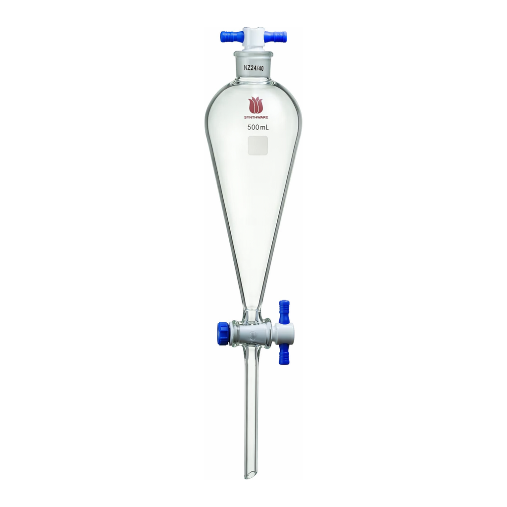 Merck Synthware Squibb-style separatory funnel with PTFE stopcock and PTFE stopper