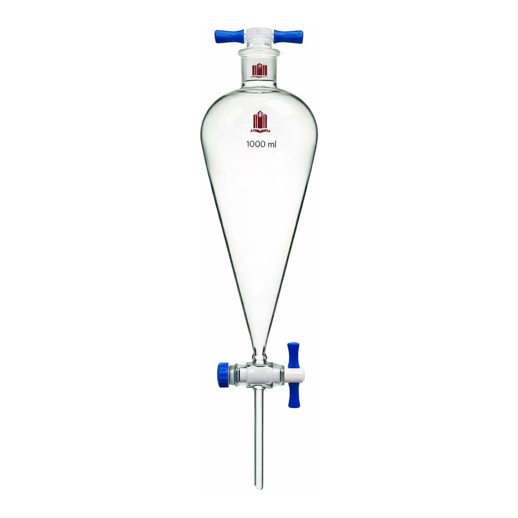 Merck Synthware Squibb-style separatory funnel with PTFE stopcock and PTFE stopper