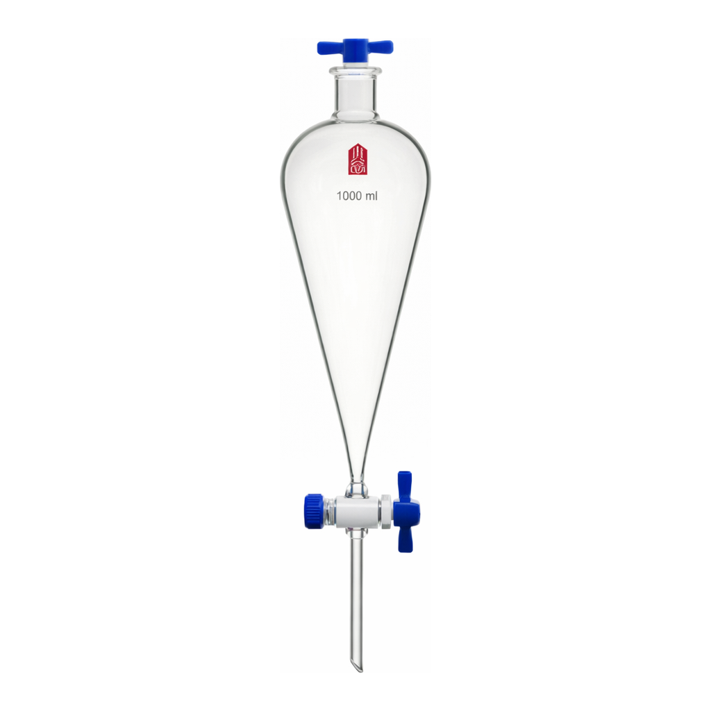 Merck Synthware Squibb-style separatory funnel with PTFE stopcock and PTFE stopper