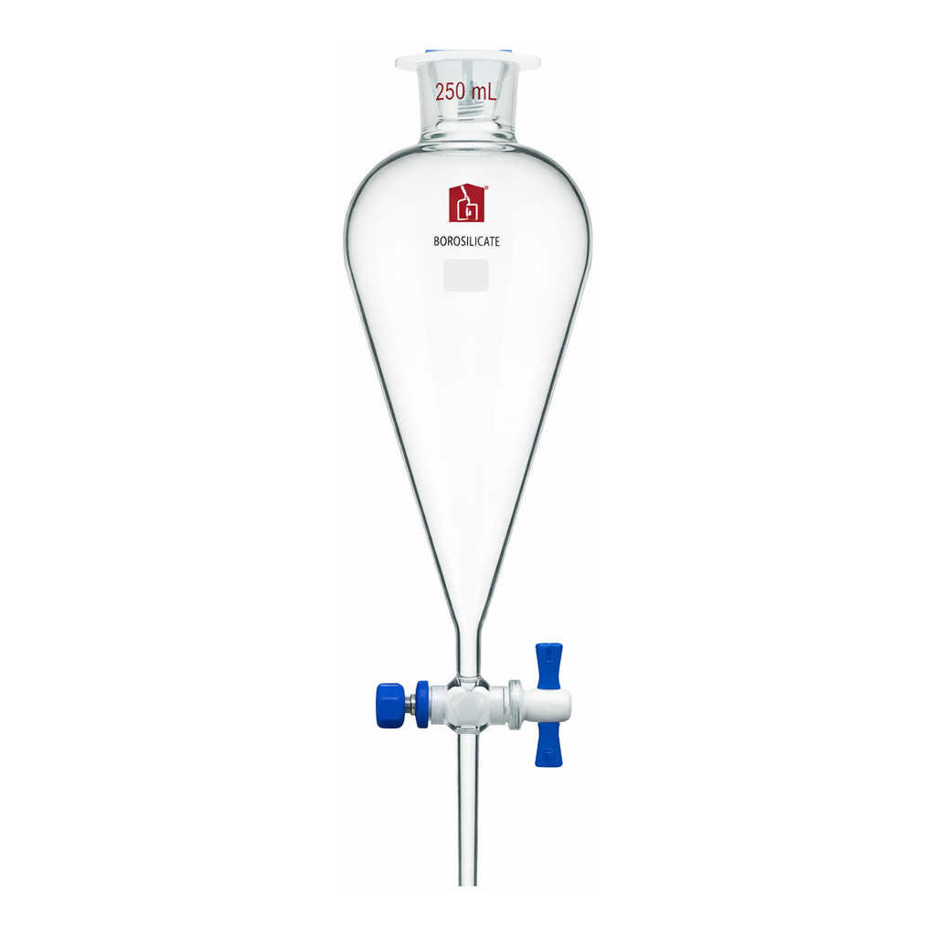 Merck Synthware Squibb-style separatory funnel with PTFE stopcock and PTFE stopper