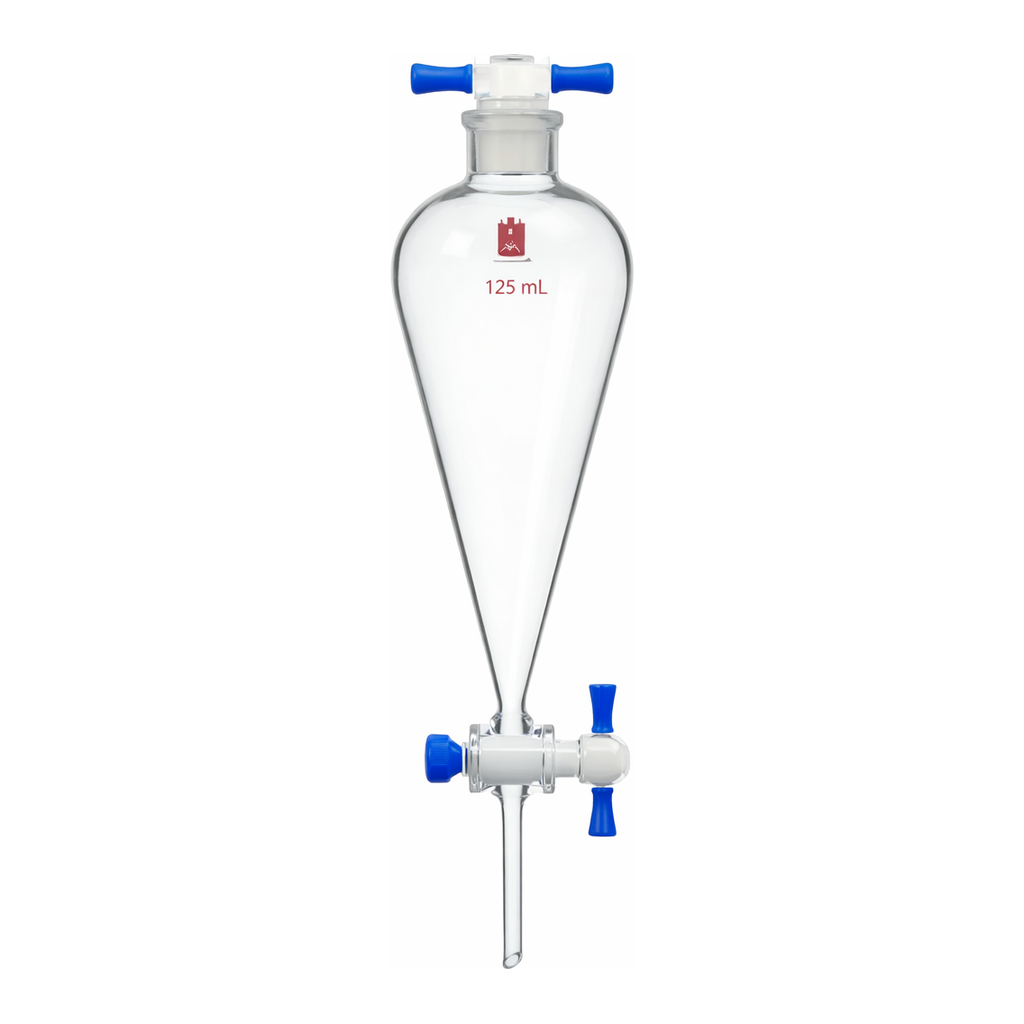 Merck Synthware Squibb-style separatory funnel with PTFE stopcock and PTFE stopper