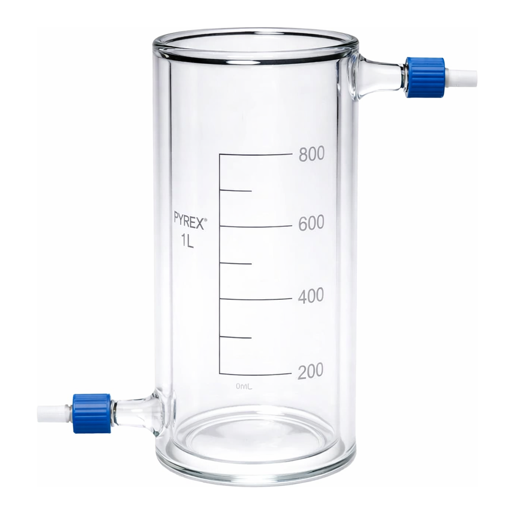Merck Pyrex Beakers, jacketed with PTFE screwthread