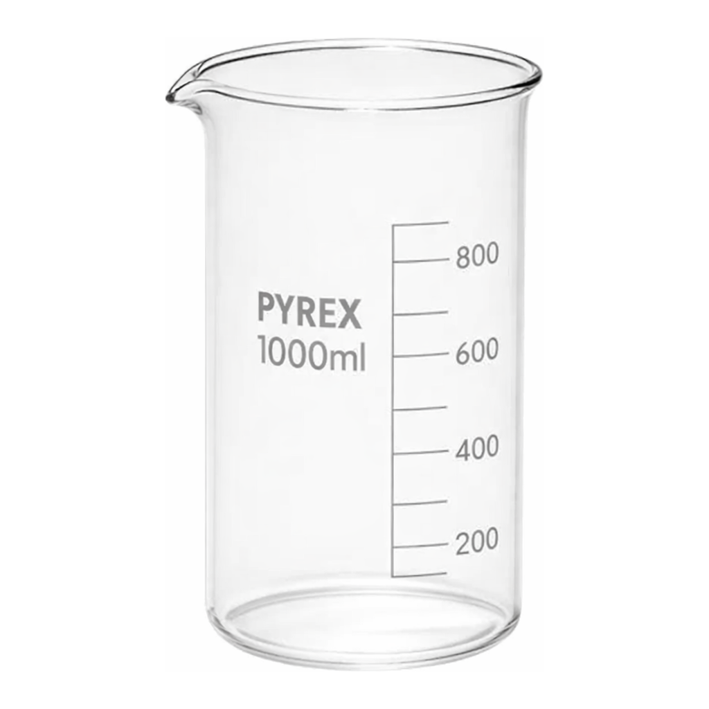 Merck Pyrex Berzelius beakers, graduated, tall form with spout, with printed trace code
