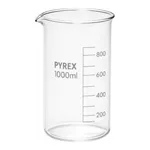 Merck Pyrex Berzelius beakers, graduated, tall form with spout, with printed trace code