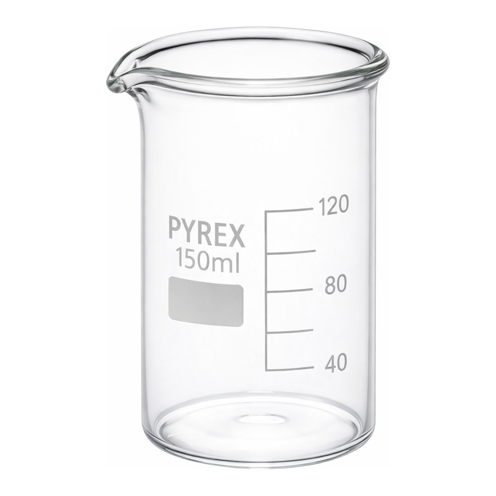 Merck Pyrex Berzelius beakers, heavy duty, tall form, with printed trace code