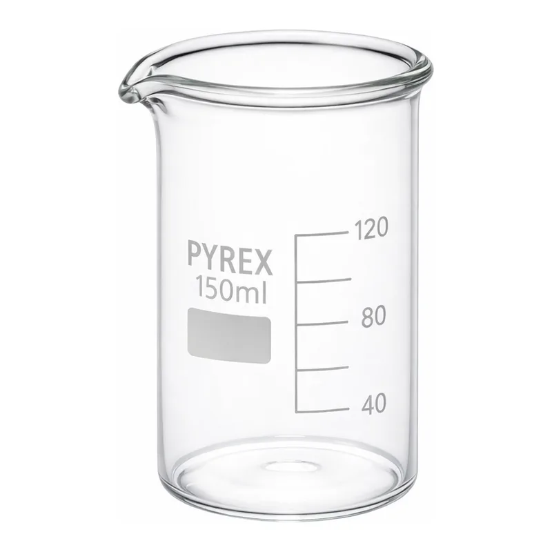 Merck Pyrex Berzelius beakers, heavy duty, tall form, with printed trace code