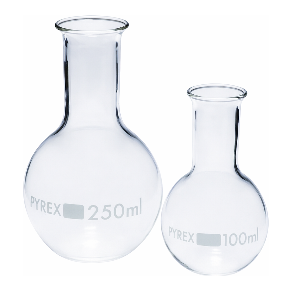 Merck Pyrex Boiling flask, flat bottom, narrow neck