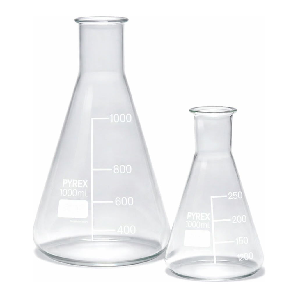 Merck Pyrex Erlenmeyer flask, narrow neck, with printed trace code