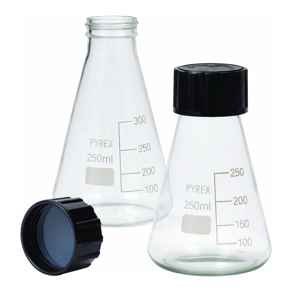 Merck Pyrex Erlenmeyer flask, graduated with SVL screwcaps