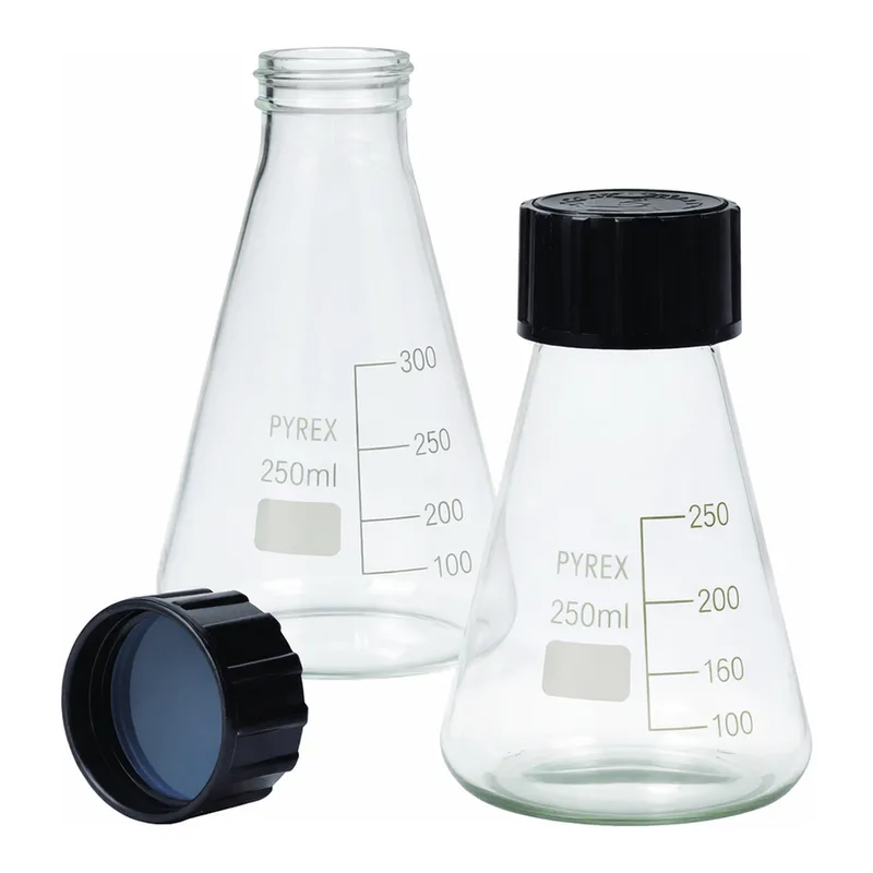 Merck Pyrex Erlenmeyer flask, graduated with SVL screwcaps