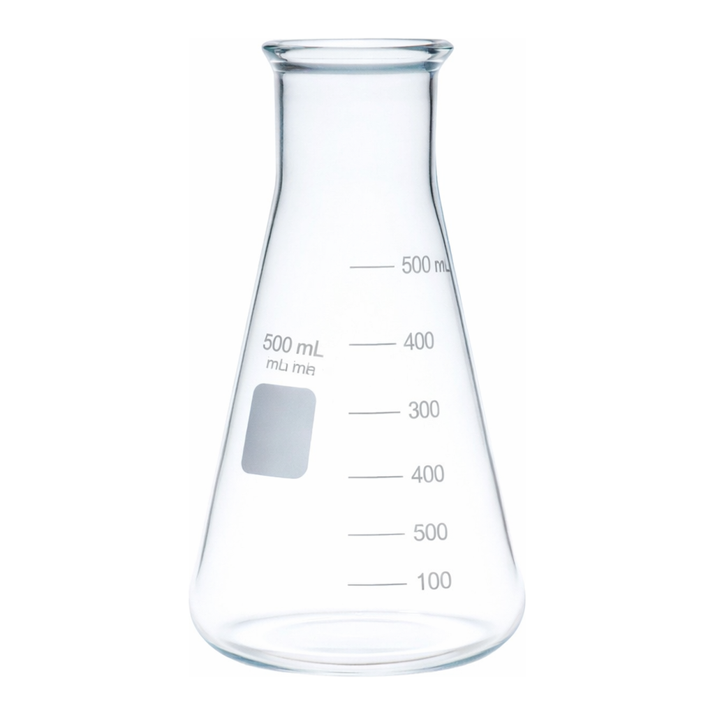 Merck Pyrex Erlenmeyer flask, wide neck, heavy duty, with printed trace code