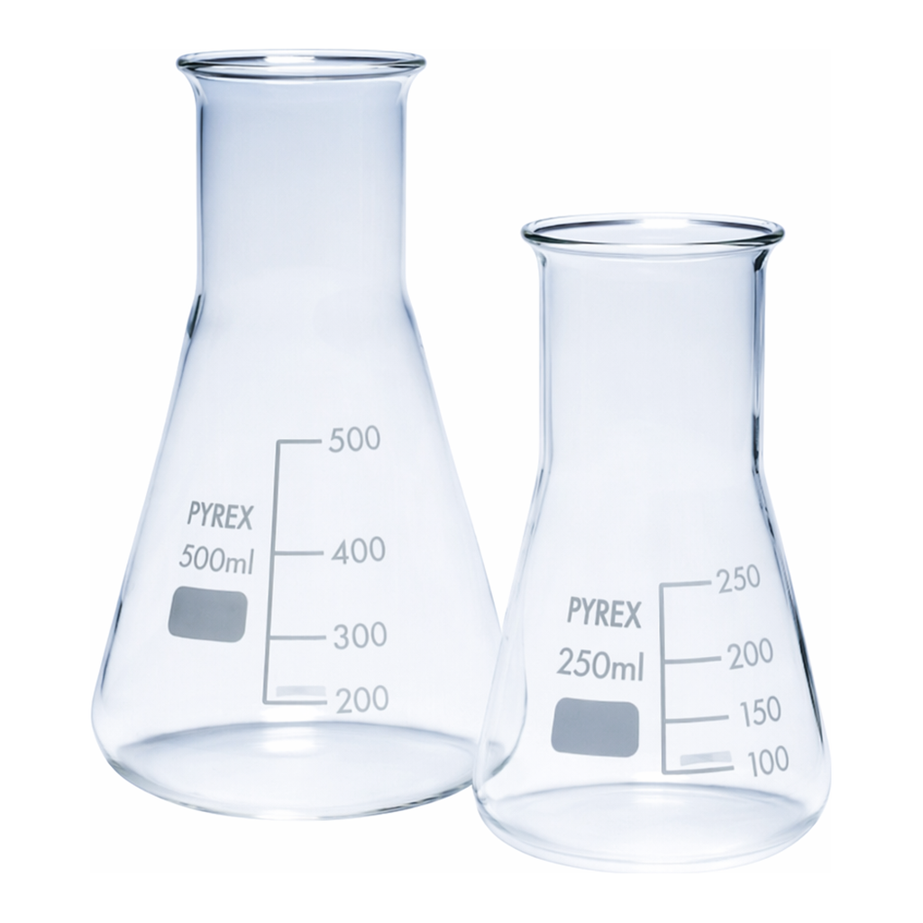 Merck Pyrex Erlenmeyer flask, wide neck, with printed trace code