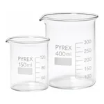 Merck Pyrex Griffin beakers, low form, with printed trace code