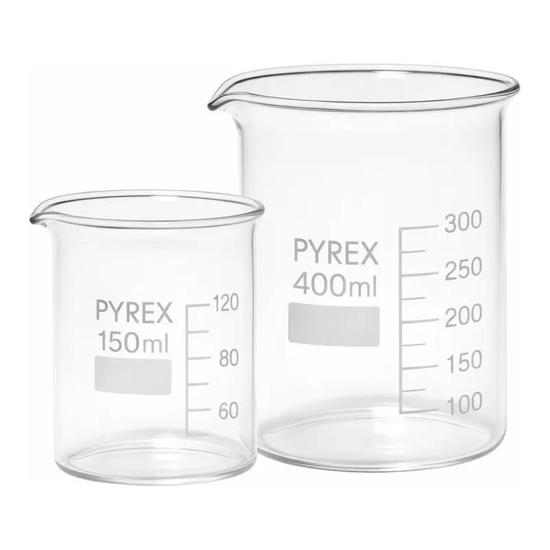 Merck Pyrex Griffin beakers, low form, with printed trace code