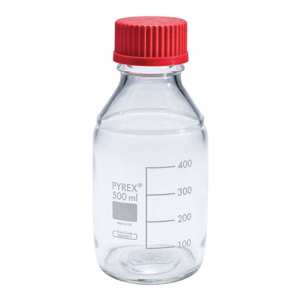 Merck Pyrex Media-Lab Bottles, with high temperature cap and pouring ring, with printed trace code
