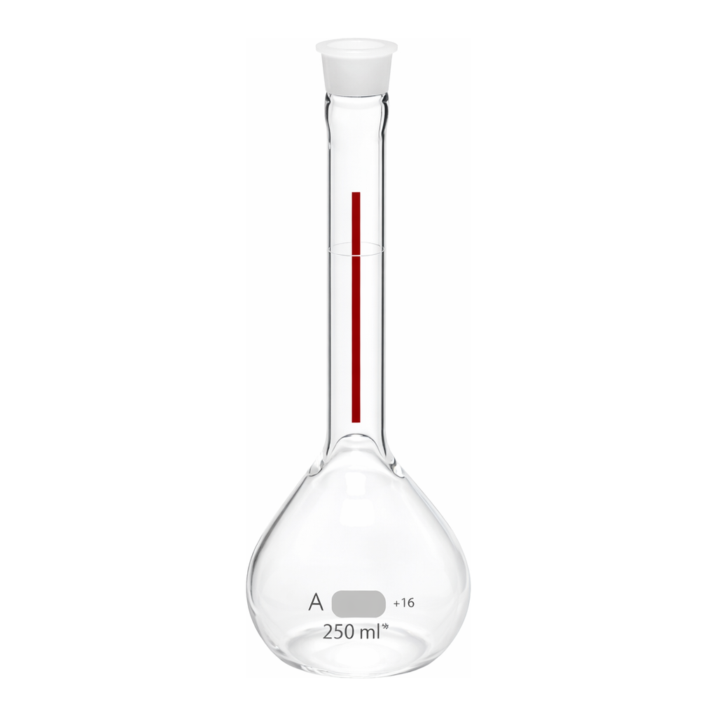 Merck Pyrex Lifetime-Red volumetric flask with Pyrex stopper