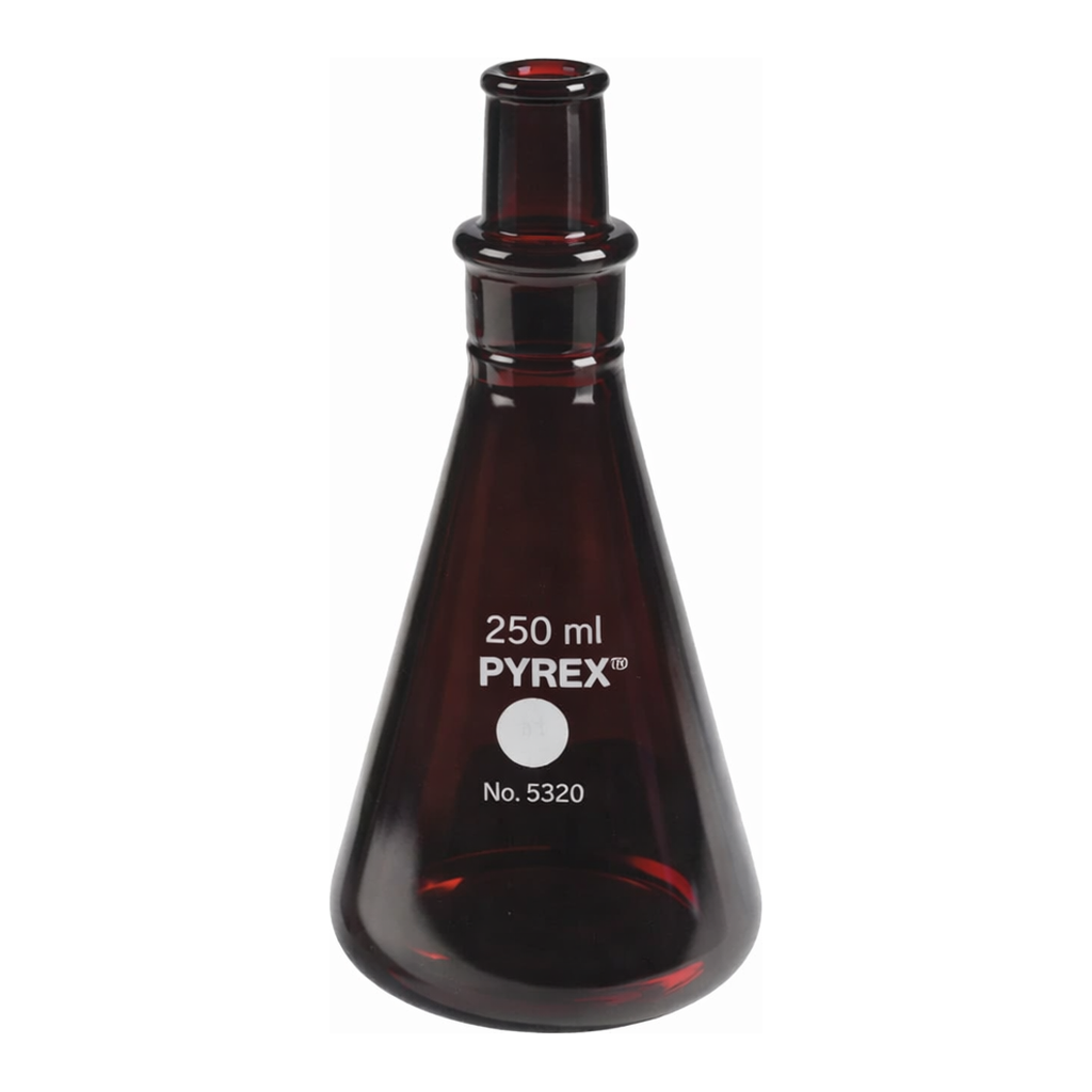 Merck Pyrex low actinic narrow mouth Erlenmeyer flask, Pyrex ST 27 stopper