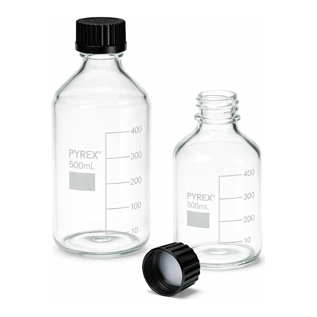 Merck Pyrex Reagent bottles, round bottom with reusable screw caps