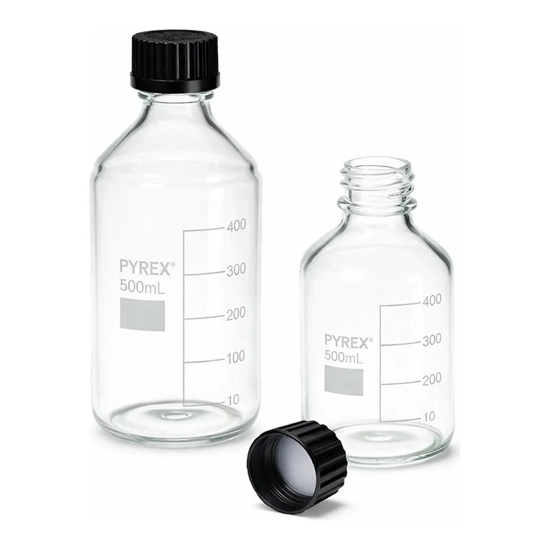 Merck Pyrex Reagent bottles, round bottom with reusable screw caps