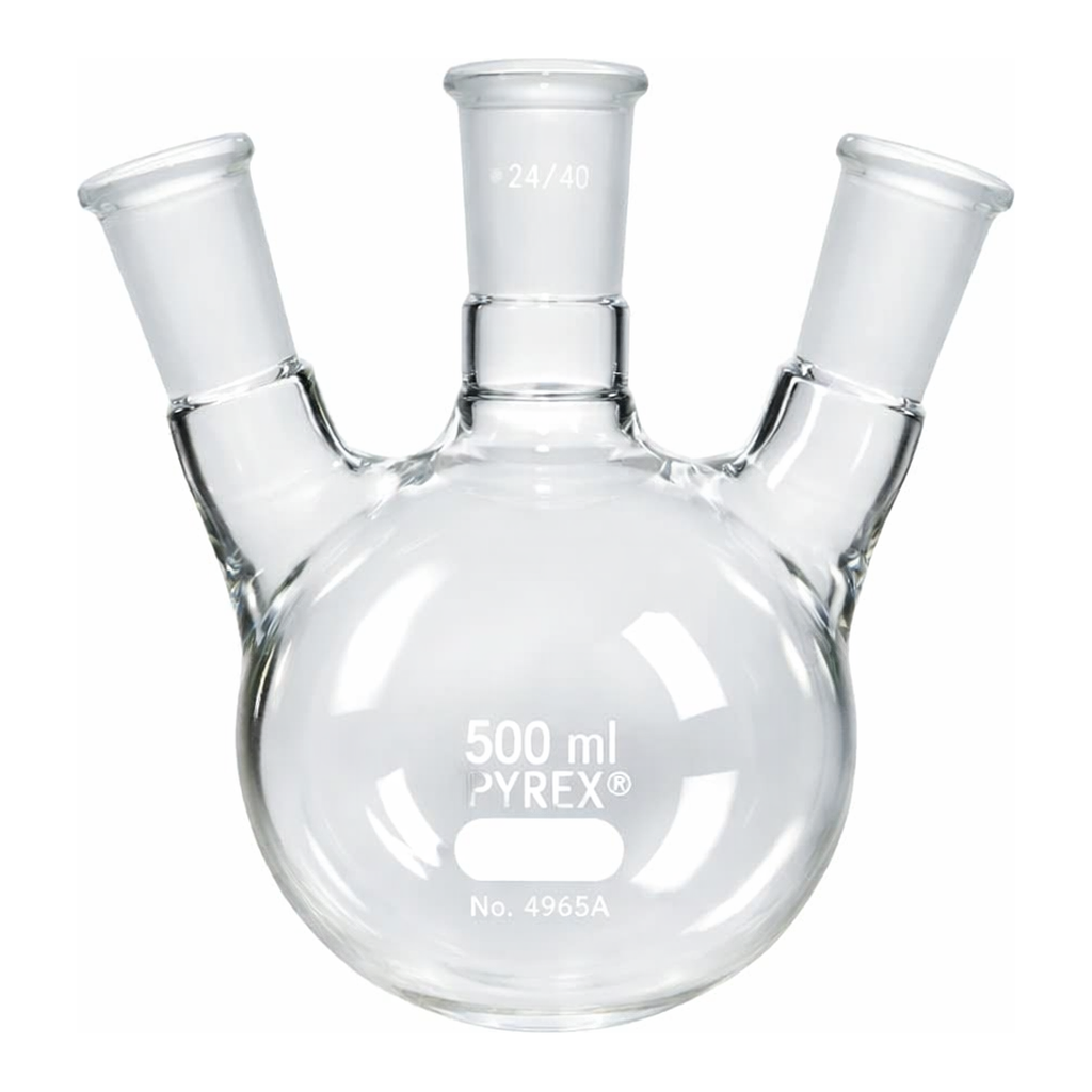 Merck Pyrex round-bottom three neck angle type distilling flask