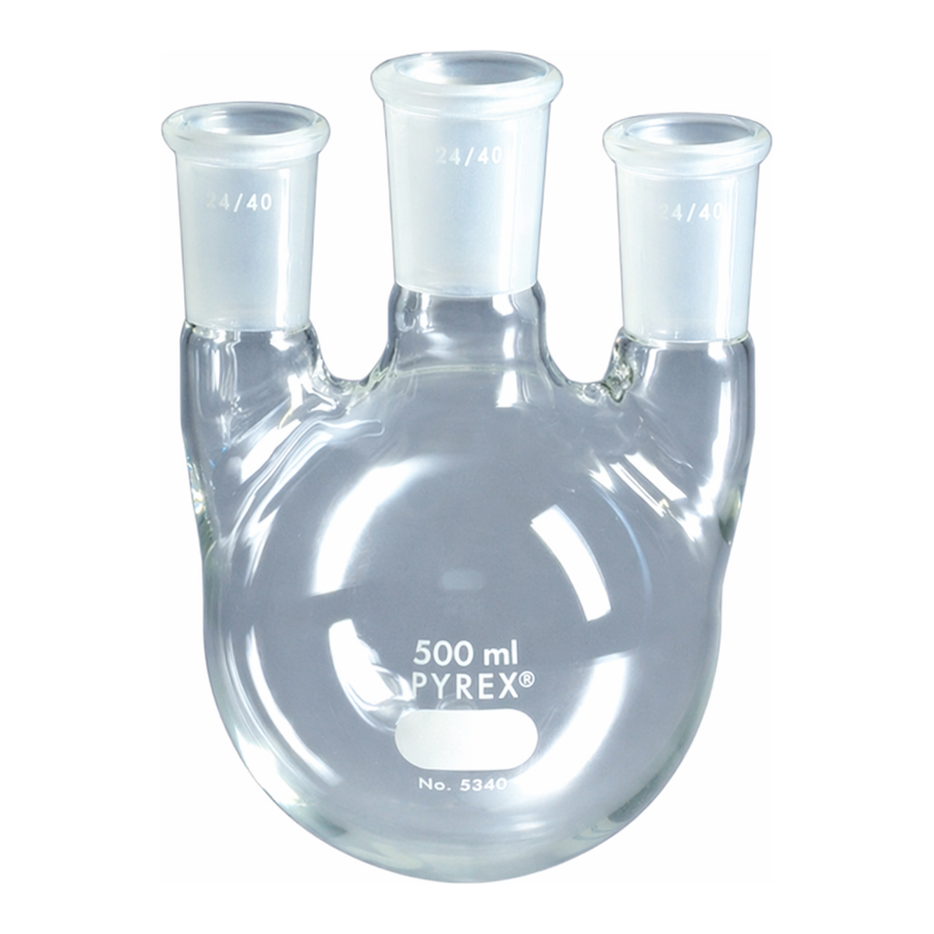 Merck Pyrex round-bottom three neck vertical unequal height flask