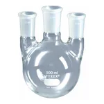 Merck Pyrex round-bottom three neck vertical unequal height flask