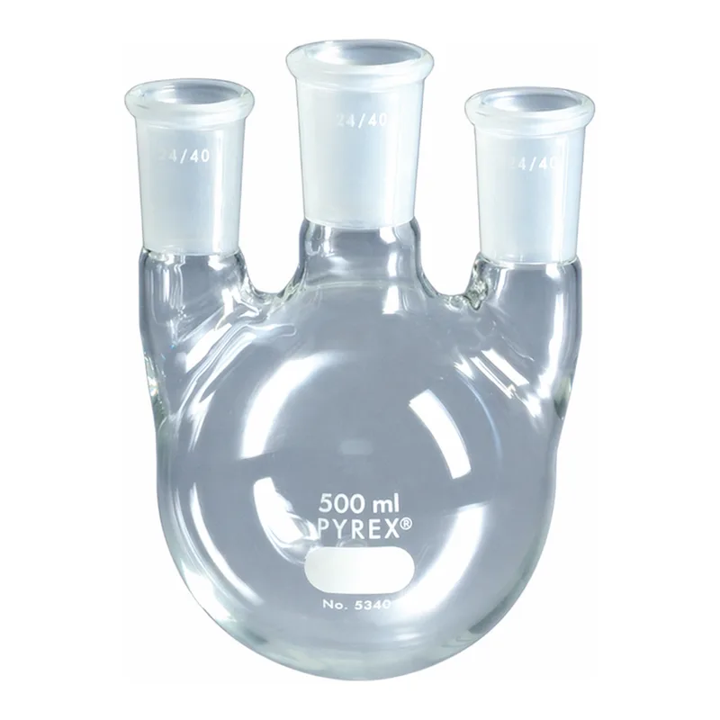 Merck Pyrex round-bottom three neck vertical unequal height flask