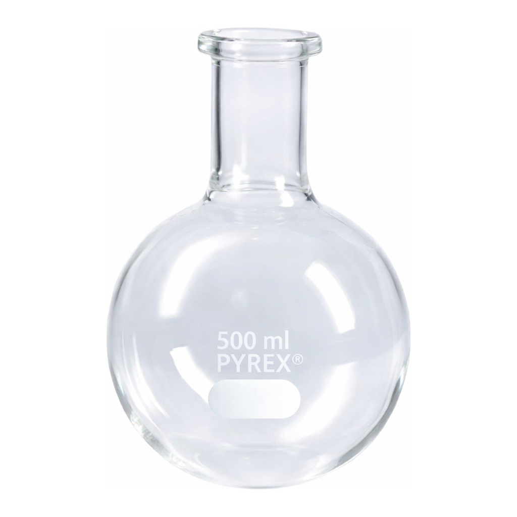Merck Pyrex round-bottom boiling flask, short ring neck